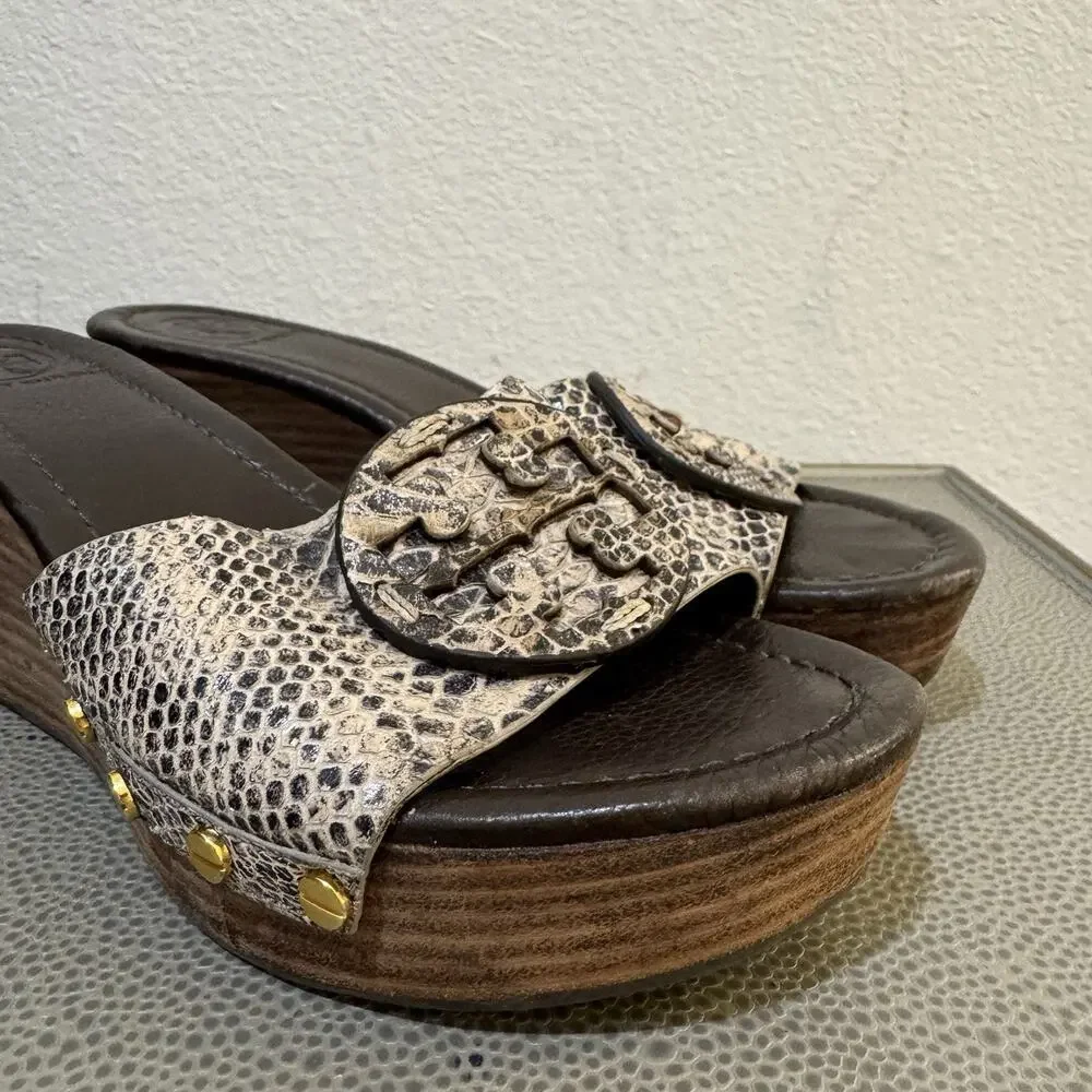 Tory Burch Patti Snakeskin Leather Platform Wedge Slide Sandals Size 8.5 M
